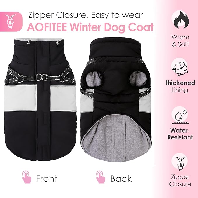 AOFITEE Dog Coats for Large Dogs, Dog Winter Coat, Dogs Coat with Harness Built in, Reflective Waterproof Pet Jacket with Furry Collar, Warm Fleece Pet Sweater for Doberman, Great Dane, Black XXL
