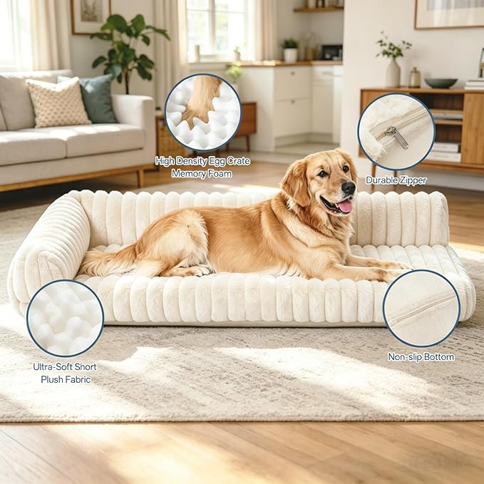 Orthopedic Dog Bed for Large Dogs with Washable Dog Bed Cover, Oeko‑TEX Certified Memory Foam Dogs Bed with Sides L-Shaped, Removable Cover, Dog Couch Bed Non-Slip, XL Dog Bed 39.4"×29.5", White