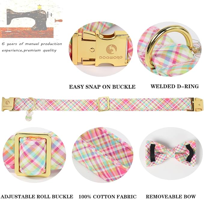 DOGWONG Easer Dog Collar with Bow,Colorful Plaid Dog Collar, Adjustable Durable Soft Collars Easter Dog Collars for Male Female,M