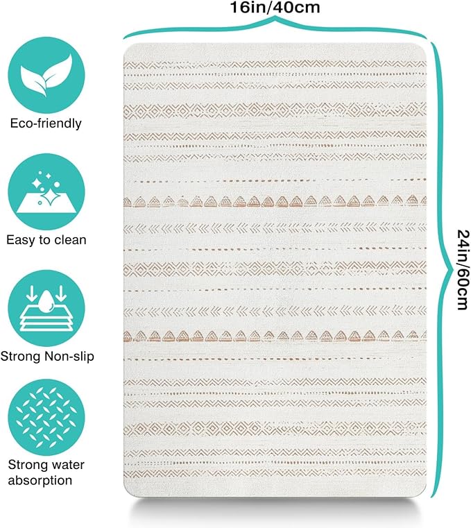 Moroccan Stain Dog Food & Water Mat, Boho Pet Feeding Mat for Floor Non-Slip Waterproof, Super Absorbent Cat Bowl Mat, Easy to Clean Durable Pet Placemat,16" × 24"