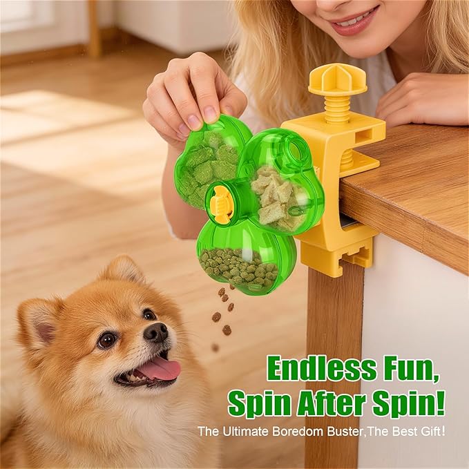 Cat Slow Feeder Puzzle Toy with Clamp Mount, Interactive Clover Treat Dispenser for Small Dogs & Cats, 3 Adjustable Feeding Openings for Dry Food, Enrichment Food Dispenser for Indoor/Outdoor