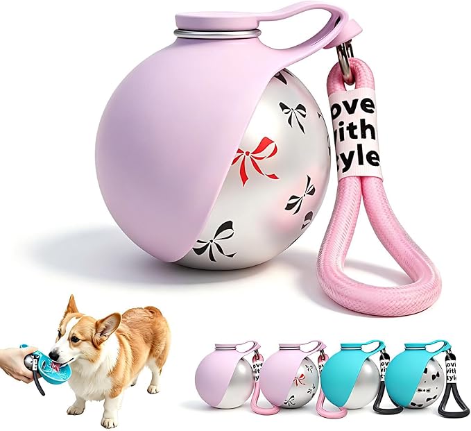 Portable Dog Water Bottle, 10 fl oz Stainless Steel Bottle & Silicone Bowl, Leak-Proof & Compact Puppy Travel Water Bottle with Lanyard, Water Dispenser for Walking Hiking Traveling, Printed, Pink