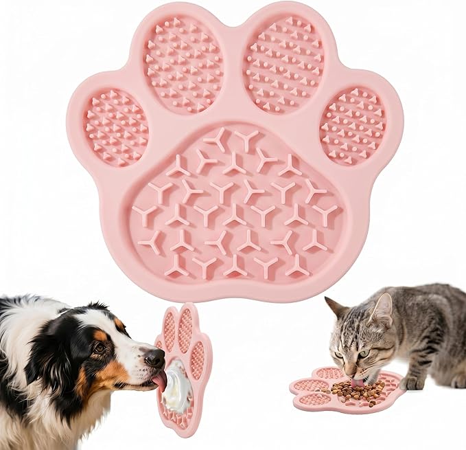 Lick Mat for Dogs and Cats, Slow Feeder Mats with Suction Cups - Bathing, Grooming and Training, Anxiety Relief Feeding Pad,Dishwasher-Safe (PBW03-Pink-paw)