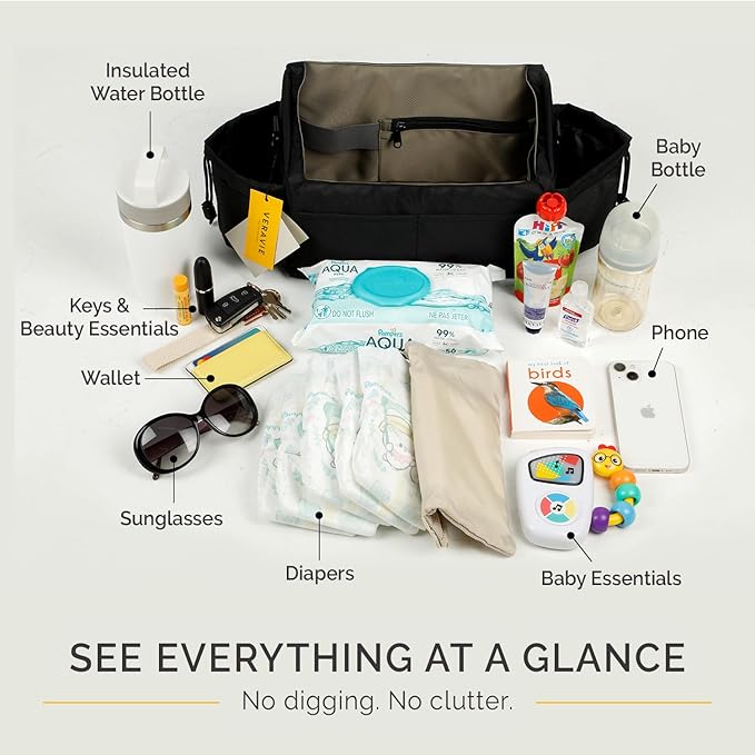 VERAVIE One Hand Stroller Caddy Organizer, Universal Cup Holder & Phone Holder for Stroller, Double Stroller Organizer, Magnetic Closure, Detachable Shoulder Strap, Wonderfold Wagon & Pet Stroller