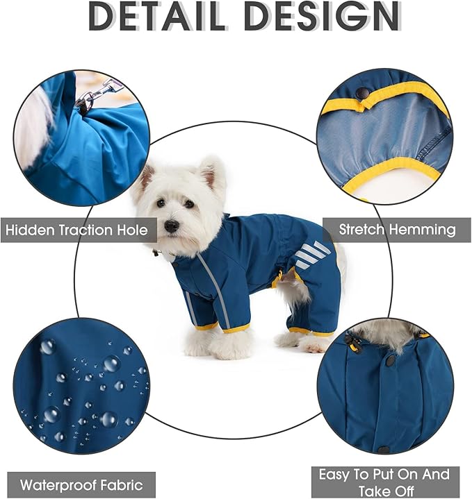 Dog Raincoat, Waterproof Dog Rain Jacket with Hood, Rain Coat with Leash Hole, Reflective Strap for Small Medium Dogs, Outdoor Adventures/Walking Lightweight Puppy(Blue,S)