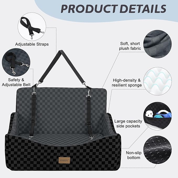 JOEJOY Dog Car Seat for Medium/Large Dogs - Reversible Dual-Sided Travel Dog Car Bed with Memory Foam, Washable Pet Booster Seat for Do gs up to 55 lbs or 2 Small Dogs, 2 Safety Leashes, Dark Grey