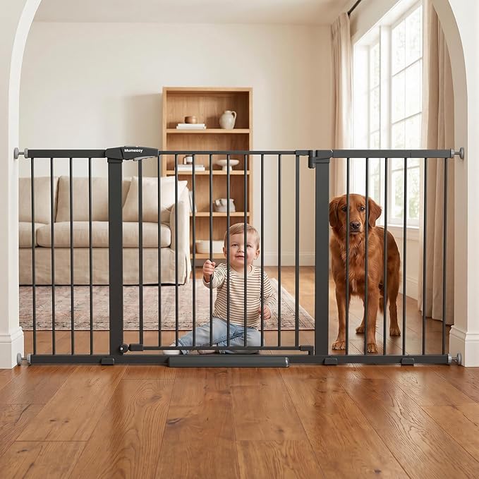 Mumeasy Extra Wide Large Baby Gate for Doorways, 36-66" Walk Through Wide Long Dog Gate for Door & Stair, Auto Close Dual Swing Pressure Mounted Child Safety Gate for Toddlers, Puppies & Pets, Black