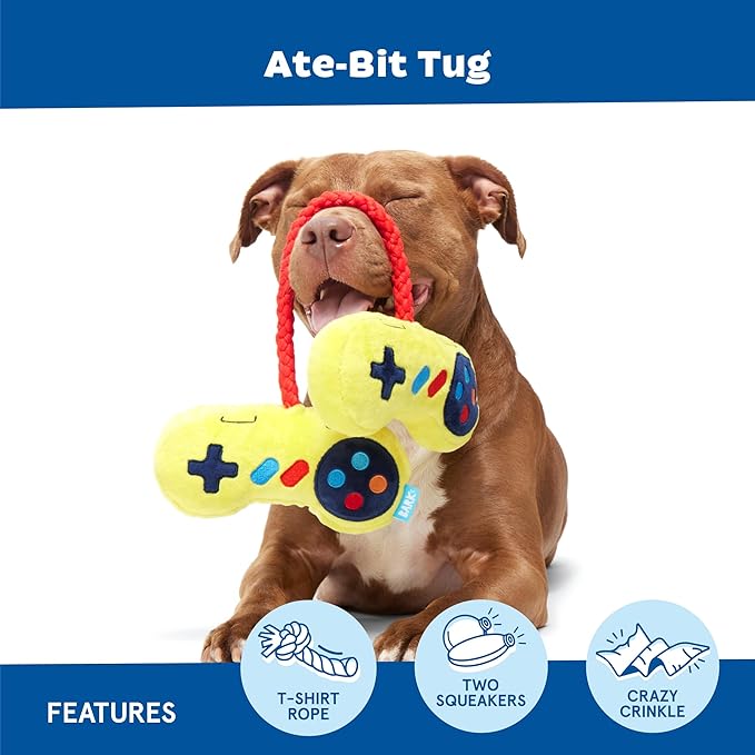 Barkbox Ate-Bit Tug Dog Toy | Plush Tug Toy with T-Shirt Rope, 2 Squeakers & Crinkle | Retro Interactive Tug & Play Toy for Dogs