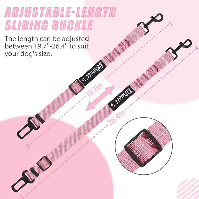IBWell Dog Seat Belt,3 Piece Set Retractable Dog Car Harness Adjustable Dog Seat Belt for Vehicle Nylon Pet Safety Seat Belts Heavy Duty & Elastic (Black & Pink)