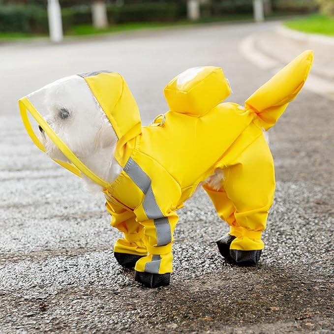 Waterproof Dog Raincoat,Full Coverage 4 Legs Dog Rain Jacket for Small Dogs,Pet Rain Coat with Hood,Reflective Strips&Leash Hole Outdoor Raincoat (Large（for Weight 8.8-11 lb）, Yellow)