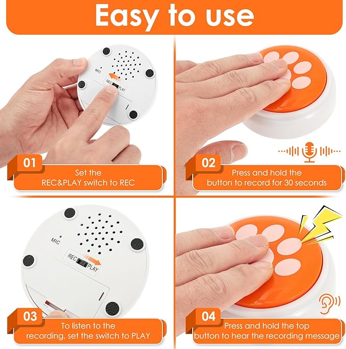 Set of 4 Dog Buttons for Communication, Voice Recording Button, Pet Interactivity 30 Second Record Button, Recordable Training Talking Buttons Starter Set, Communication Pet Training Buzzer