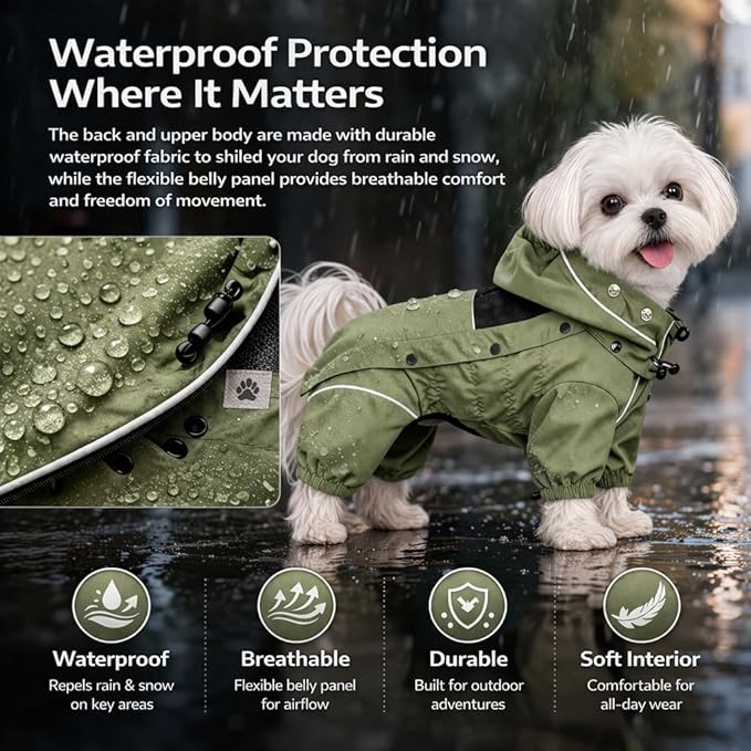 LOVELONGLONG Waterproof Dog Raincoat with Removable Hood – Outdoor Full Body Dog Jacket, Windproof Snowproof Shell Suit – All Season Pet Rain Gear Sage Green L