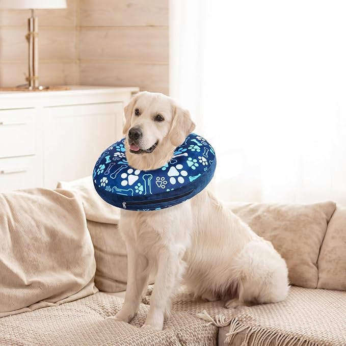 SCENEREAL Dog Cone Alternative After Surgery Donut Collar, Soft Pet Recovery Pillow Collar for Medium Large Dogs, Inflatable Adjustable Neck Collars to Prevent Licking, Blue Footprints S