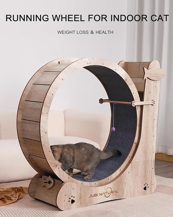 Cat Exercise Wheel, 33.9" Cat Running Wheel for Indoor Cat with Cat Scratching Board and Teaser Toy, Cat Treadmill Wheel with Locking Mechanism, Cat Exercise Wheel - Cat's Weight Loss and Health