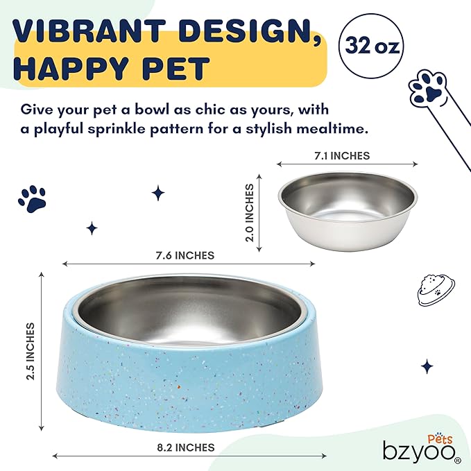 bzyoo 32oz 4CUP Dog & Cat Bowl, Sprinkle Design, Slanted Stainless Steel Pet Bowl with Removable Inner Bowl, Non-Slip Silicone Base, Dishwasher Safe, for Dry/Wet/Raw Food & Water (Blue)