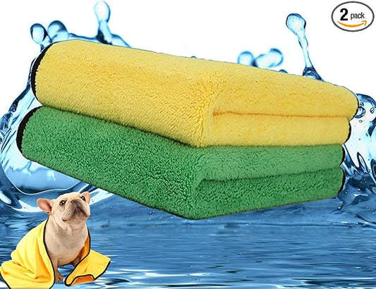 2 Pack Dog Towels Super Absorbent Pet Bath Towel Microfiber Dog Drying Towel for Small Medium Large Dogs and Cats, Machine Washable, 19.7Inch x 39.4Inch, Yellow-Grey & Green-Grey