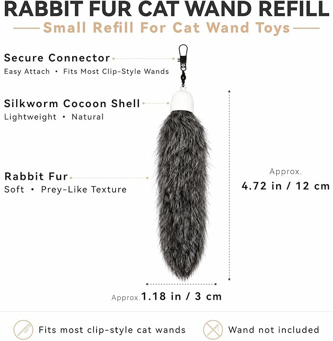 Natural Rabbit Fur Cat Toys Refills, 2 Pcs Silent Interactive Cat Wand Attachments for Indoor Cats, Handmade Fluffy Kitten Teaser Replacement Accessories (Grey)