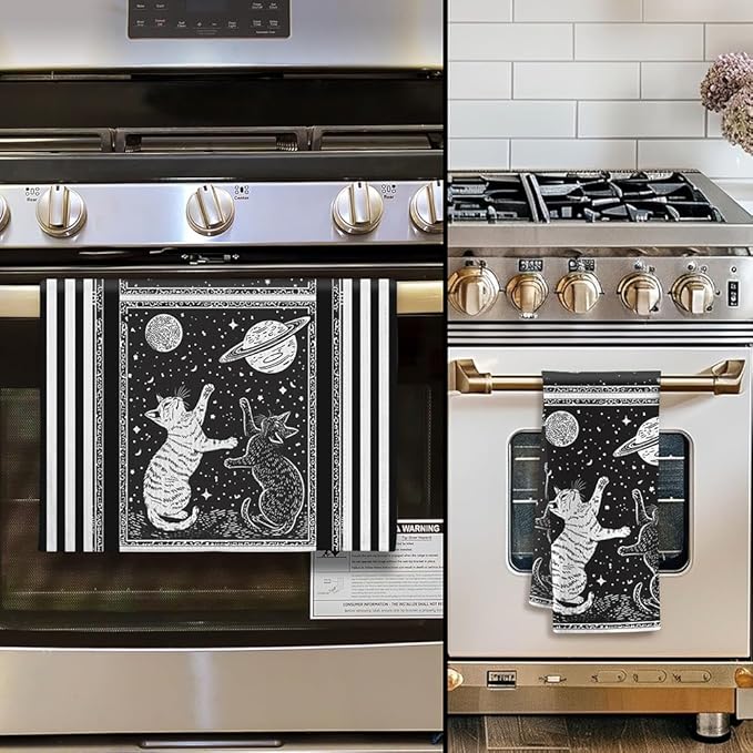 Cat Kitchen Towels - Quick-Dry Monochrome Star-Gazing Cats Art, Duo Obsidian & Ivory Silhouettes Hand Cloth for Celestial Pet Moms | Decorative Dish Towel & Ethereal Home Accent, Astronomical Gift