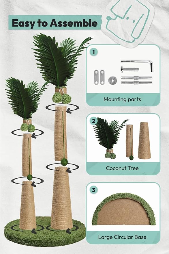 33" Tall Cat Scratching Post, Natural Jute Cat Scratcher for Indoor Cats, Double Coconut Tree Design with Hanging Toy Ball & Rest Platform,Stable Furniture Protector for Kittens & Adult Cats,M