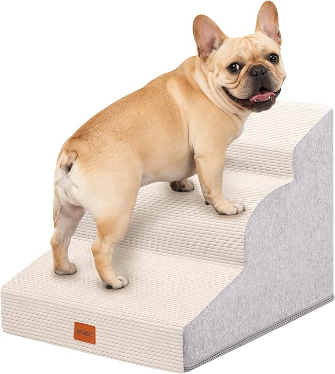 Dog Stairs for Small Dogs and Cats, 15.7" H, 3-Step Curved Pet Ramp for Couch Sofa and Chair, Non-Slip Medium Pet Steps with High Density Foam, Beige