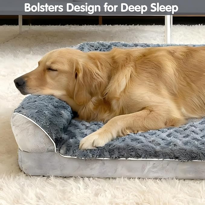 Orthopedic Dog Bed with Pillows, Large Memory Foam Dog Bed Sofa for Medium Large Dogs, Waterproof Washable Cover, Non-Slip Bottom, 42x30x7.5 Inch Supportive Pet Bed Couch, Blue Grey