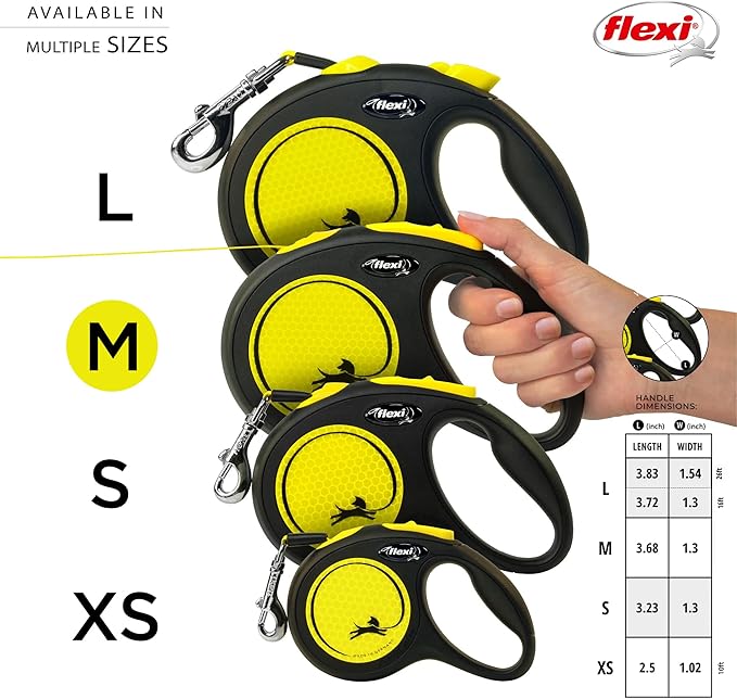 FLEXI New Neon Tape Retractable Dog Leashes for Medium Dogs Upto 55 lbs. – 16 ft., Neon Yellow/Black | Tangle Free Pet Walking Leash with One-Handed Brake, Pause, Lock|German Quality Product