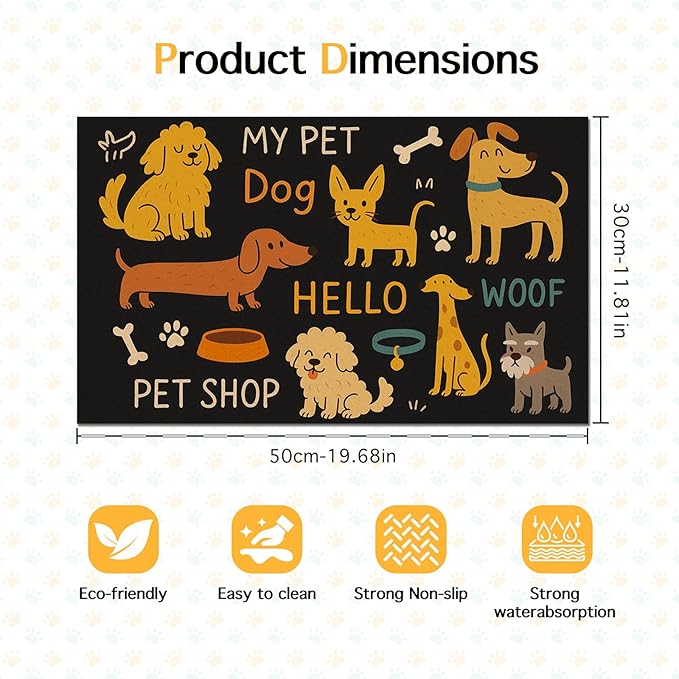 HOMETITUTE Cute Happy Dog Pattern Design Pet Food Mat 20" x 12" Fun Easy Clean Pet Feeding Mat Absorbent Cat Bowl Mat Non Slip Dog Foods Mats Pets Placemat for Dogs and Cat Feeding