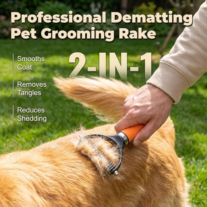 Pet Grooming Rake, Double Sided Deshedding Brush for Dogs & Cats, Undercoat Rake for Shedding, Dematting Comb for Long Haired Pets (Green-1pc)