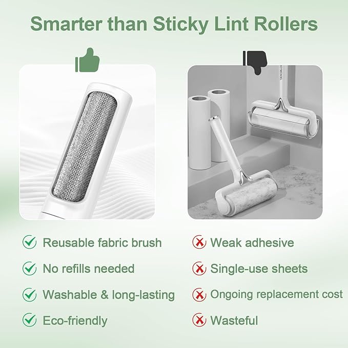 Pet Hair Remover Tool - Reusable Lint Roller Lint Brush for Cat & Dog Hair on Furniture, Clothes, Couches, Car Seats, and Fabric - No Refills, Eco-Friendly and Portable (White)