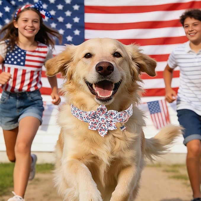 4th of July American Flag Dog Collar, DOGWONG Red Blue Flower Dog Collar with Metal Adjustable Buckle,Soft and Comfortable Independence Day Dog Collars for Large Dogs,L