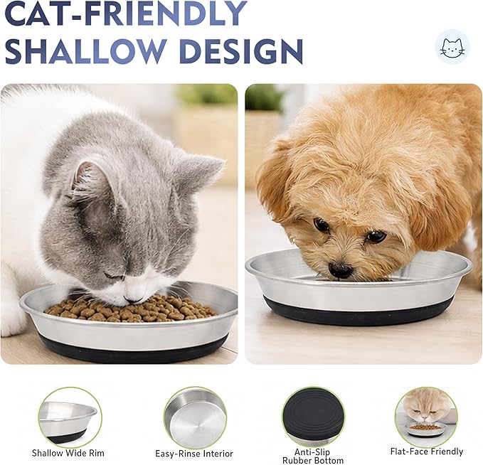 Stainless Steel Shallow Cat Bowls 2 Pack, Whisker Fatigue Free Design, Non-Slip Silicone Base, Heavy Duty Metal Plates, Replacement for Elevated Stands, Suitable for Cats, Kittens and Small Dogs