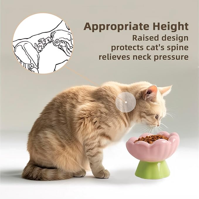 DIF DECO Ceramic Raised Cat Bowl, Pink Elevated Food Bowls for Food and Water Protecting Spine and Whiskelfriendly,Tulip Shape Cute Pet Feeder Dish for Indoor Cats and Small Doas(Height 4.1 inch)