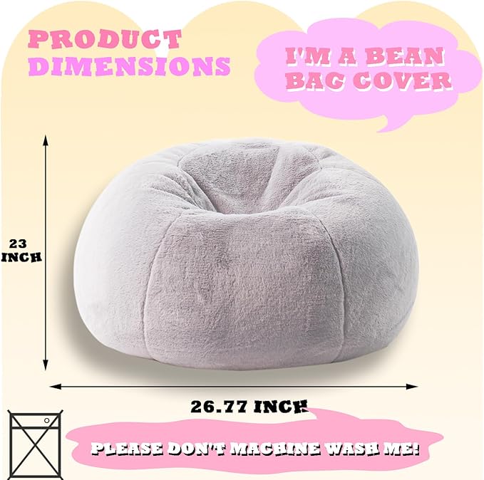 LPMOERA Fluffy Faux Fur Bean Bag Cover (No Filler) Stuffed Animal Bean Bag Storage Comfy Bean Bag Covers for Kids Snow Grey