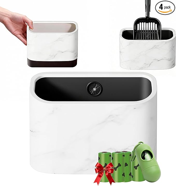 Cat Litter Scoop Holder – Universal Marble-Textured Scoop Caddy with Built-In Bag Dispenser & Wide-Mouth Bucket, Includes 4 Rolls Waste Bags & Removable Scoop Stand for Most Metal/Plastic Scoops