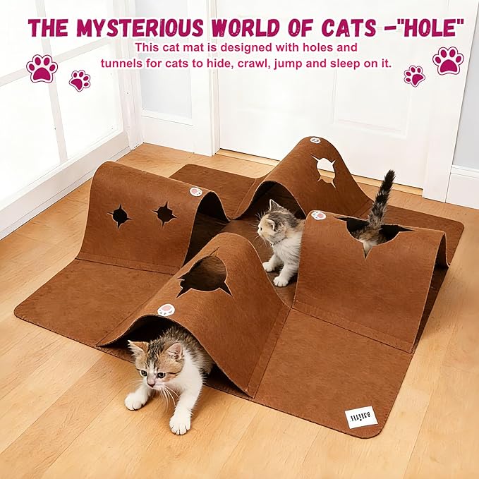 Cat Tunnel Play Mat for Indoor Cats, Felt Interactive Pet Toy with Hidden Ball, Enrichment Activity Rug, Collapsible Cave for Kittens & Small Pets (Brown)