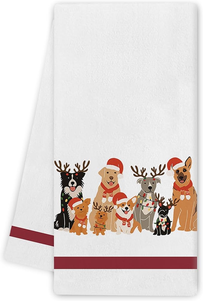 Dog Christmas Kitchen Towels - Funny Dog Lovers Gifts Decor, Corgi Pitbull Labrador Retriever Christmas Hand Towels Dishcloth for Kitchen Bathroom Decorative, 16x24 Inch