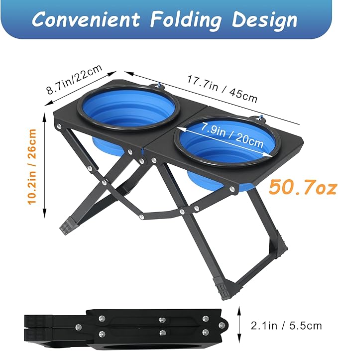 Foldable Elevated Dog Bowl Holder with 2 Large 50.7oz Folding Water Bowl, 10.2" Tall Raised Dog Bowl Stand for Medium/Large Breeds, Indoor and Outdoor Use