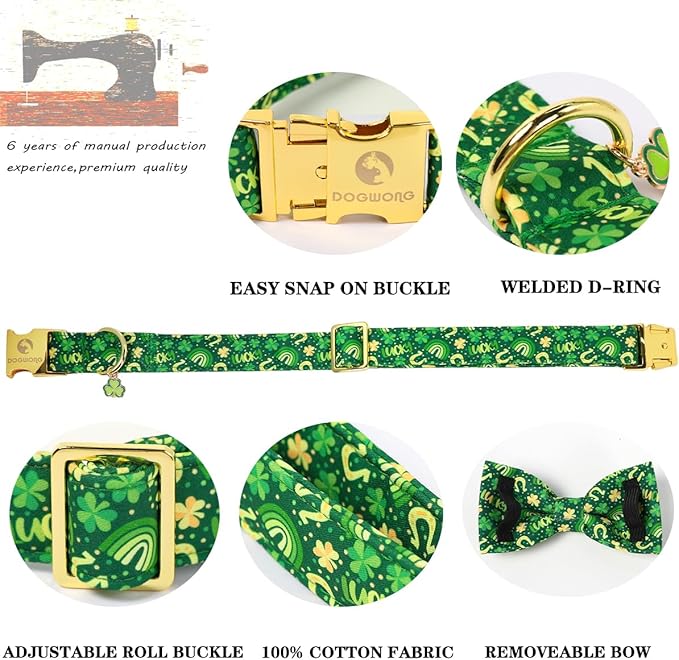 DOGWONG St. Patrick's Day Dog Collar with Bow Tie- Lucky Shamrock Bowtie Collar for Girl Boy Dog, Trefoil Dogs Collars Durable Adjustable, L