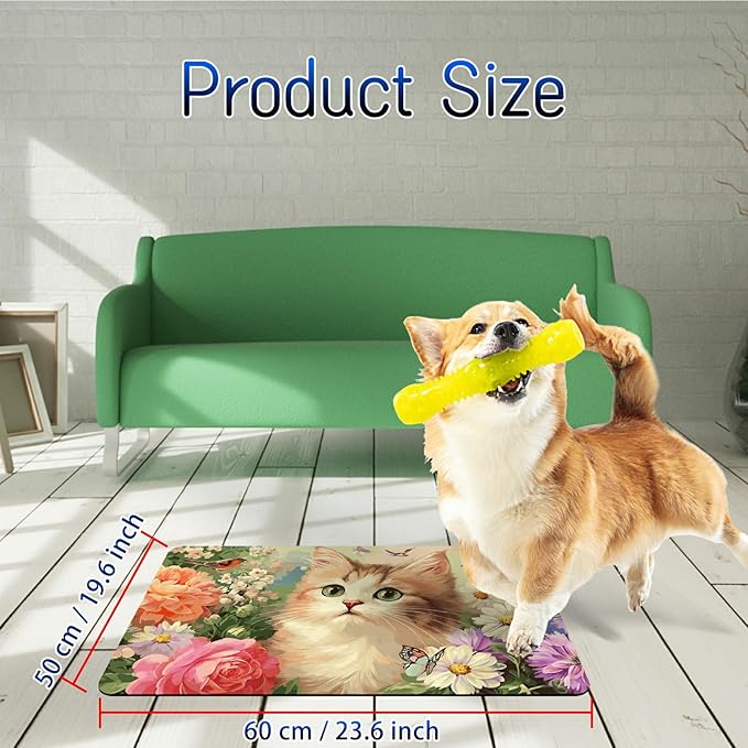 Dog Food Mat, 19.6" x 23.6" Absorbent Pet Feeding Mat for Food and Water, Waterproof Diatom Mud Pet Placemat with Non-Slip Rubber Backing, Easy Clean Cat Bowl Mat for Floors - Peony Cat