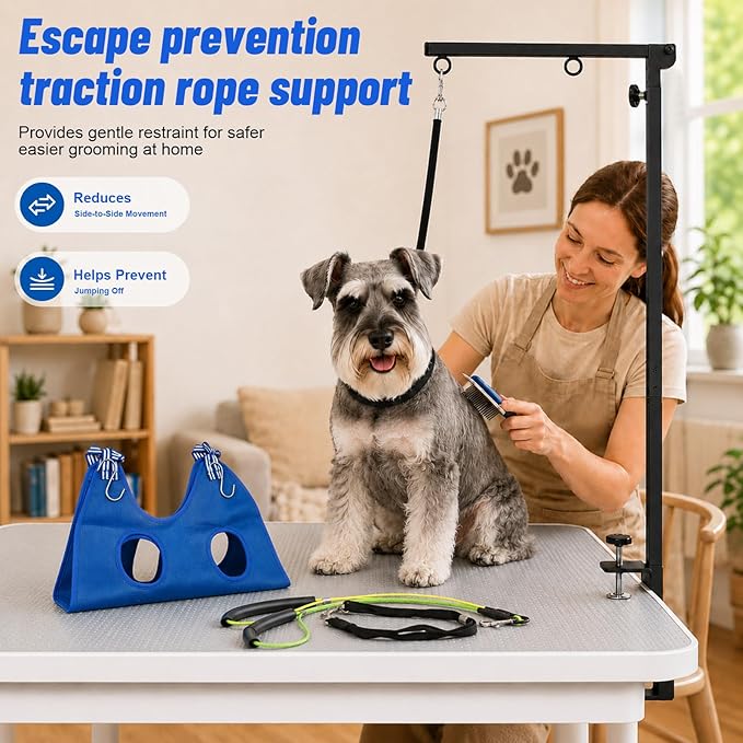 Foldable Dog Grooming Arm with Clamp, Adjustable Height 29"-41" for Small & Medium Dogs, Grooming Table Arm with Hammock and No-Sit Haunch Holders, Portable Home Salon Grooming Support