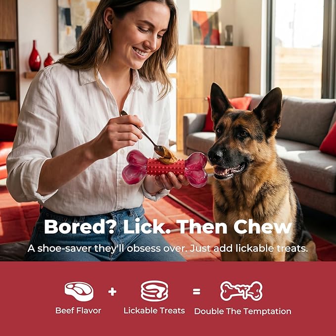 4-Pack Tough Dog Toys for Aggressive Chewers: Beef Flavored Long Lasting Dog Bones for Large Dogs, Heavy Duty Nylon & Rubber Dog Chew Toys to Keep Them Busy, Medium & Large Breed, Red