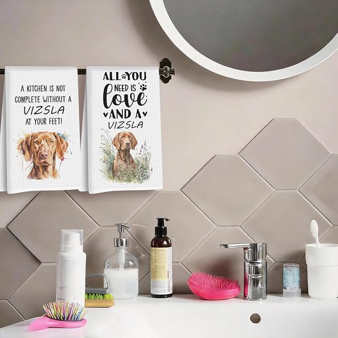 4Pcs Cute Vizsla Kitchen Towels 24x14 Inch, Vizsla Gifts for Woman Mom, Reusable Waffle Weave Microfiber Absorbent Hand Tea Dish Towels for Kitchen Bathroom Home Decor, Dog Lovers Gifts, Pet Owners