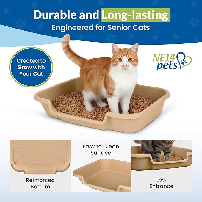 KittyGoHere Senior Cat Litter Box, Large Litter pan with Long-Handle Jumbo Scoop, Open Top Low Entrance Kitty Litter Box, Lightweight Low Entry Litters Box, Durable, Made in USA (2 Pack - Beach Sand)