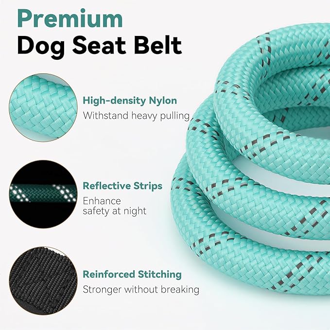 Dog Seat Belt for Car, Universal Dog Car Seatbelt with Buckle and Hook Latch, 360° Rotatable Lockable Clasp, Reflective Safety Pet Harness for Vehicle, Pet Safety Restraint, Cyan