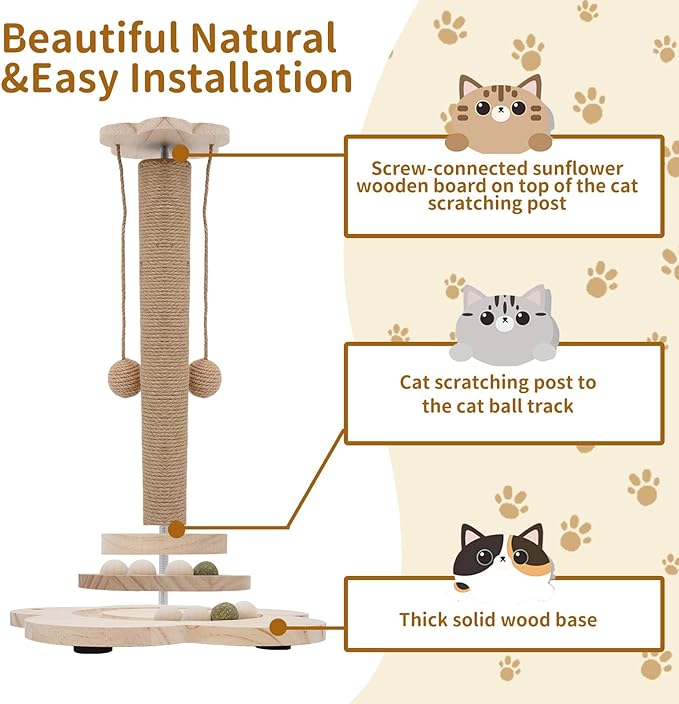 4 inch Wider Design for Large Cats Providing Greater Stability,4-in-1 Wooden Cat Scratcher Toy,Scratching Post&2-Level Track Tower with 8 Balls&2 Sisal Ball&2 Cat Wand Toy(15.8" L x 15.8" W x 19" H)
