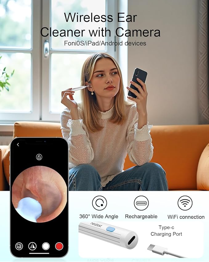 NEATEST Ear Wax Removal Tool with Camera, Ear Cleaner Tool with 8 Pcs Ear Set, 1296P HD Wireless Otoscope with 6 LED, Ear Cleaning Kit for iOS Android (White)