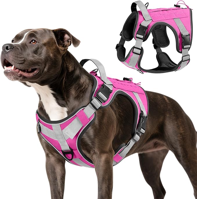 VavoPaw Heavy Duty Tactical Dog Harness for Large Dogs, No Pull Adjustable Pet Harness Reflective Service Training Easy Control Pet Vest Military K9 Working Dog Harnesses, Pink, M