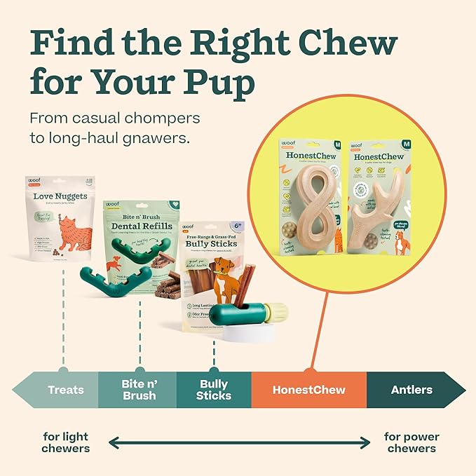 WOOF HonestChew Dog Toy Duo - Durable Dog Chews - Made with Plant-Based Ingredients - Splinter-Resistant - Safer Than Dog Bones - with HonestChew Antler and Infinity - Gift for Dogs - Medium