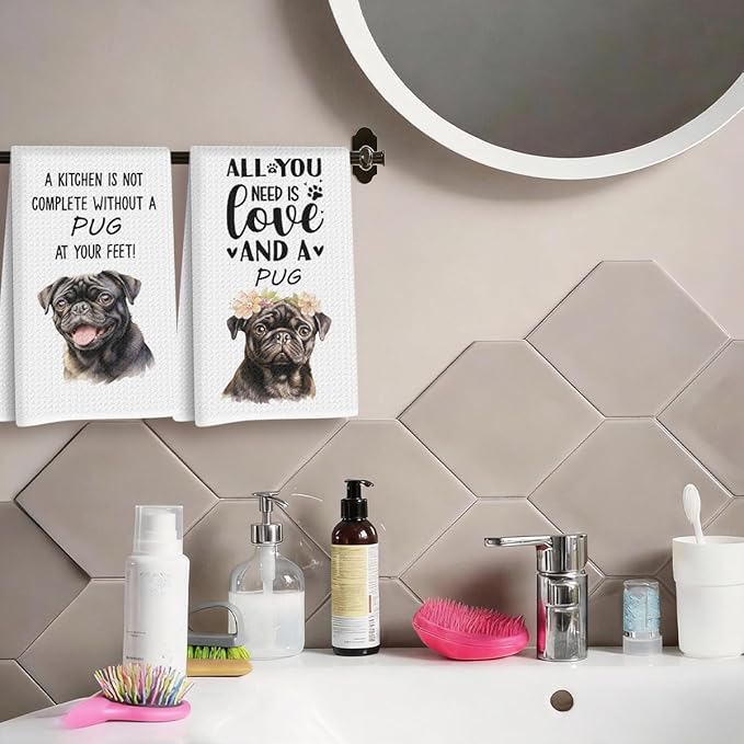 4Pcs Cute Black Pug Kitchen Towels 24x14 Inch, Black Pug Gifts for Woman Mom, Reusable Waffle Weave Microfiber Absorbent Hand Tea Dish Towels for Kitchen Bathroom Home Decor, Dog Lovers Gifts