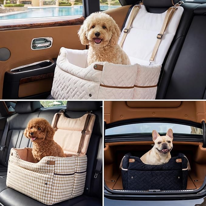 ZOMISIA Elevated Dog Car Seat for Medium Dogs, 3 Adjustable Heights with 2 Egg Crate Foam Boosters 4"+2", Dual-Sided Cooling&Plush Waterproof Cover, 2 Safety Leashes & Buckles, Houndstooth